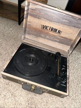 Victrola Portable Vinyl Record Player – Brown Wood Finish with Black Turntable